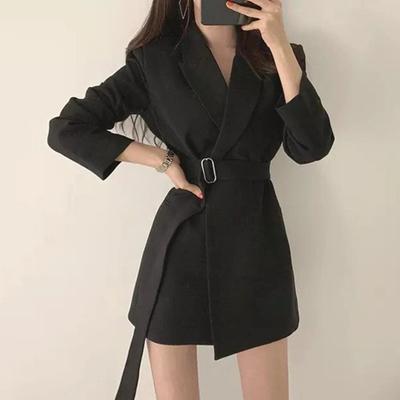Women Suit Coat Lapel Long Sleeve Belt Suit Jacket with Side Pockets Solid Color Loose Fit Office Lady Outwear