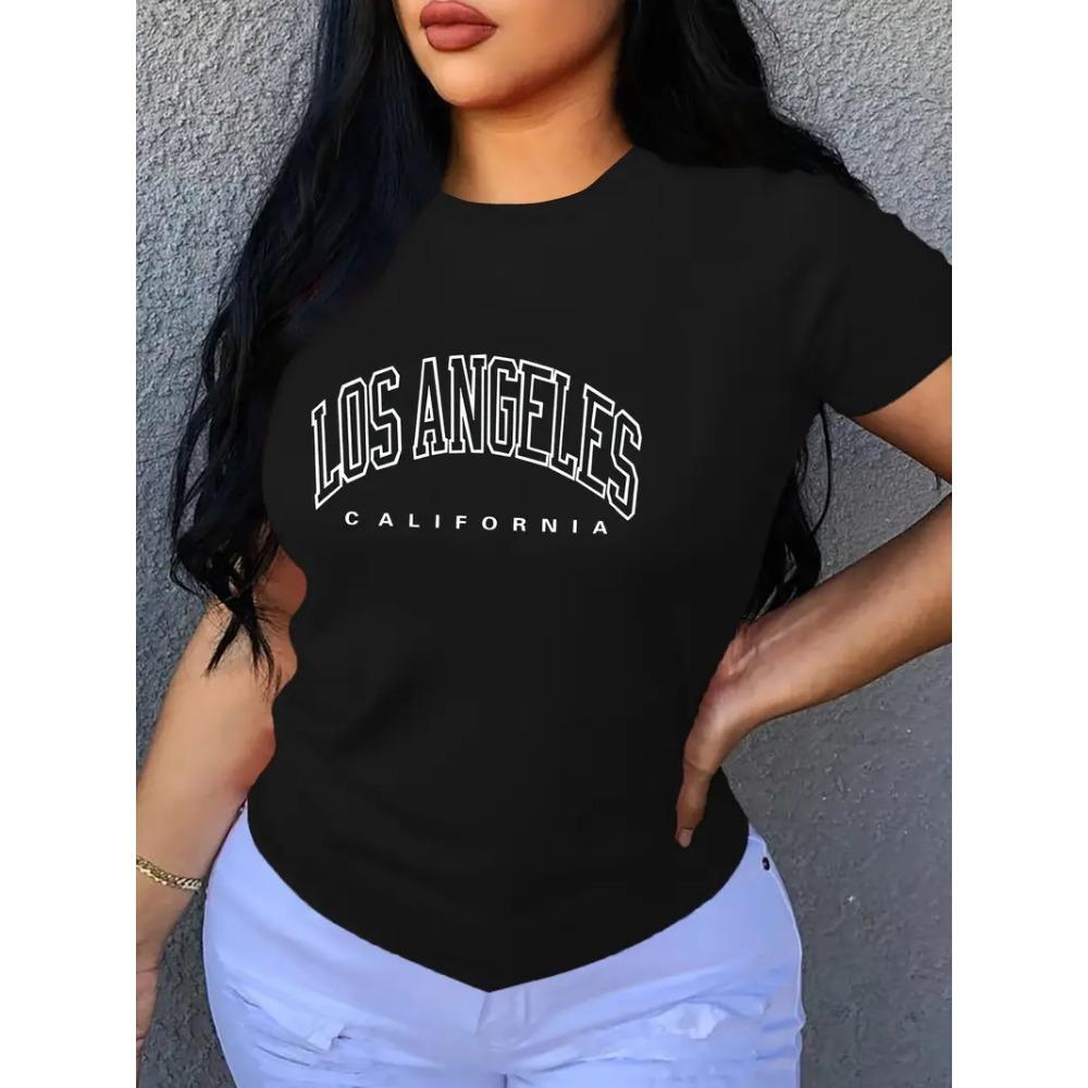 LOS ANGELES Letter Print Crew Neck T-shirt, Casual Loose Short Sleeve Fashion Summer T-Shirts Tops, Women's Clothing