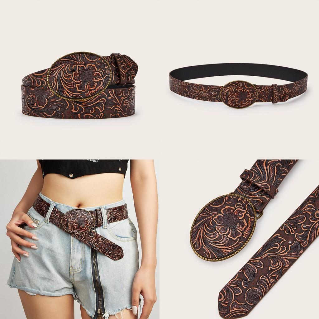 Fashion Retro Flower Pattern Oval Buckle Decoration Women Wide Belt For Daily