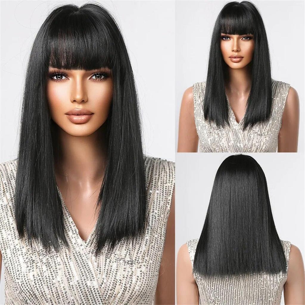 Green Synthetic Cosplay Wig with Bangs Medium Length Straight Wigs for Women Halloween Party Natural Hair Wig Heat Resistant