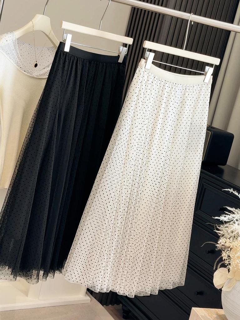 Korean Polka Dot High-Waisted Mesh Midi Skirt, Spring/Summer 2026, Elegant A-Line with Drapey Wide Hem.