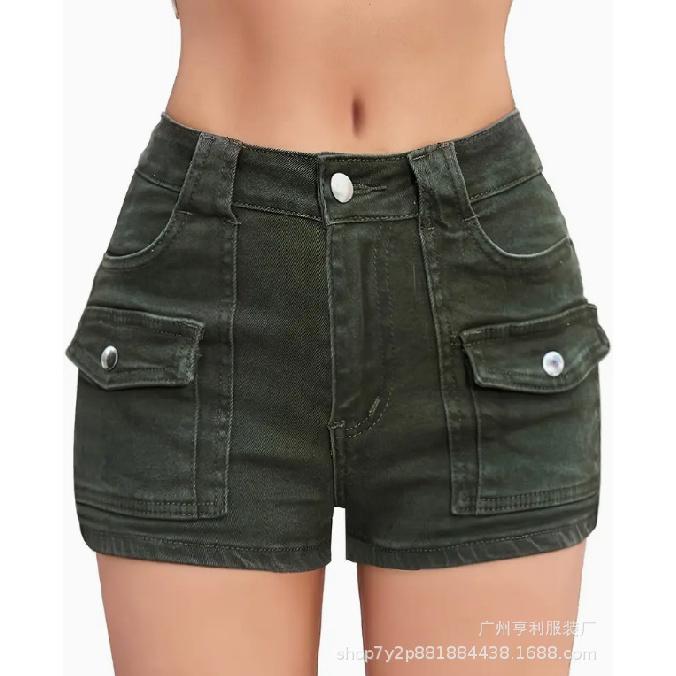 

2026 Summer New Women s Denim Stretch Shorts with Multiple Pockets Casual Denim Shorts XXL армія зелений колір