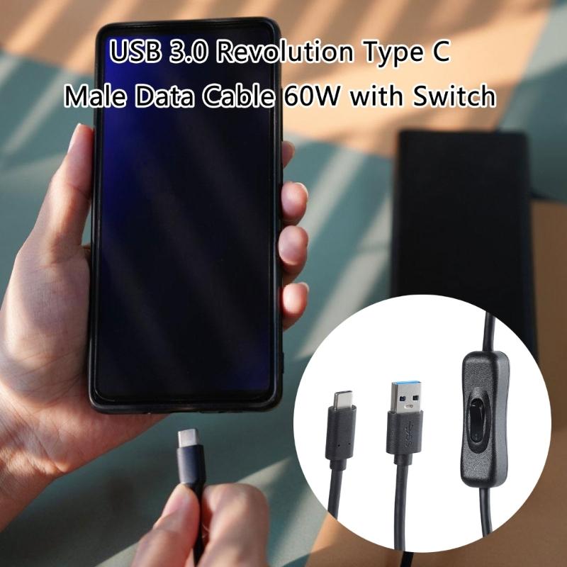 USB3.0 to USB C Charging Cable with Switching Button, USB A to Type C Power Adapter Cord Data Wire for Lighting, Fan