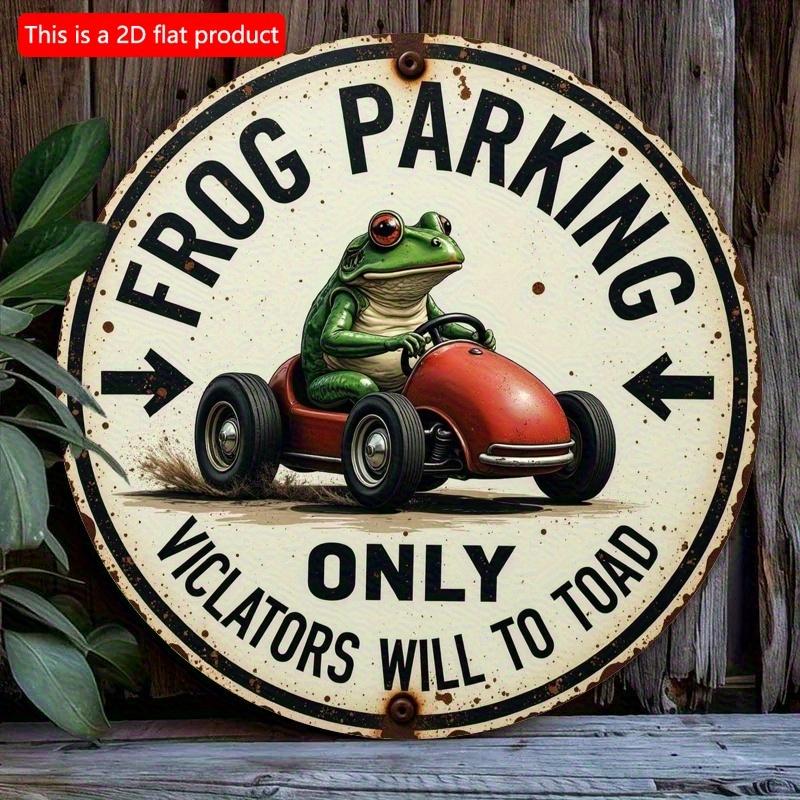 

2d Flat 20*20cm Retro Style Circular Wooden Frog Parking Sign, Fantasy Cartoon Frog Driving Red Car Design, Wall Decor for Homes, Offices, Cafes, Bars 20*20cm