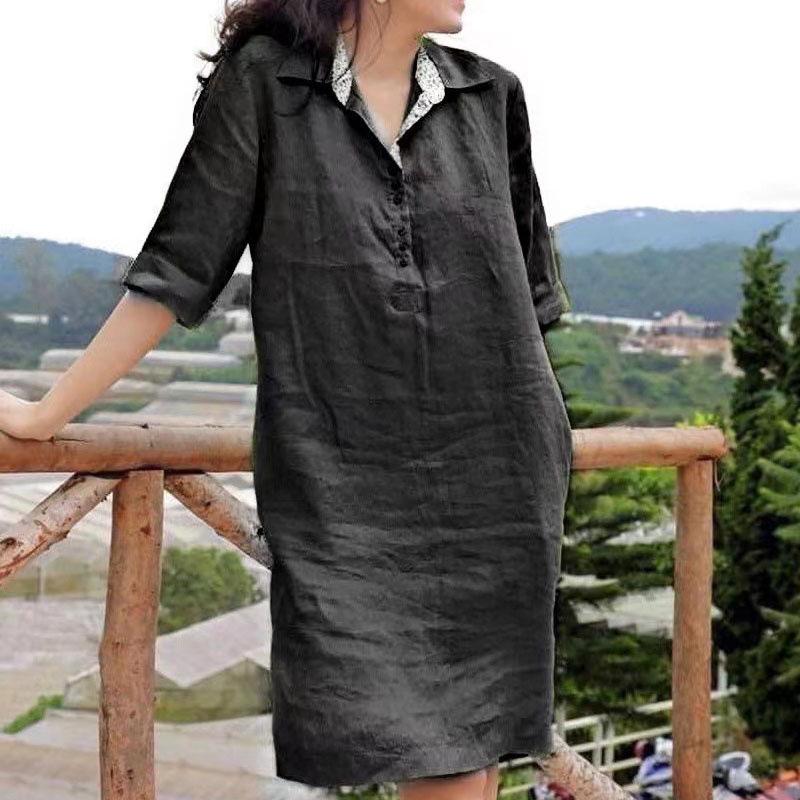 Spring/Summer V-Neck Loose Midi Dress for Middle-Aged Women