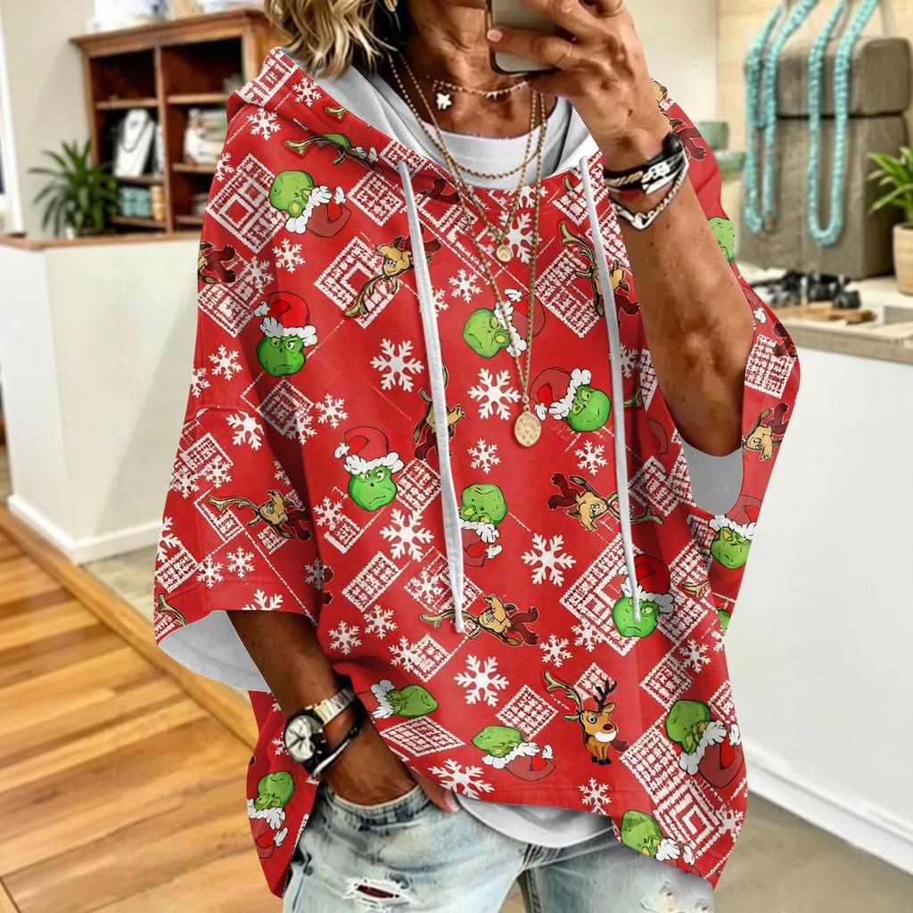 Women's Christmas Print Hooded Loose Fit Sweatshirt