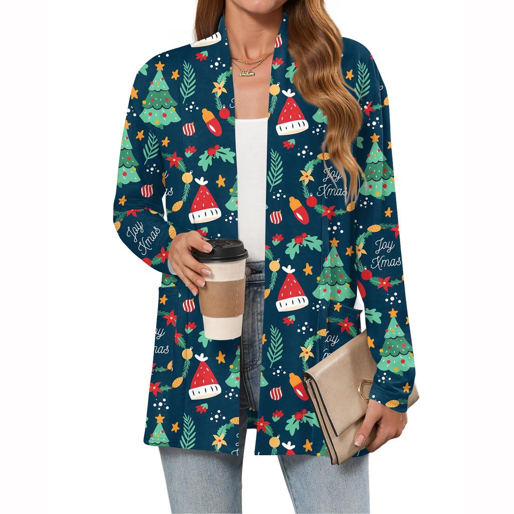 Women's Christmas Printed Lightweight Cardigan Long Sleeved Casual Loose Thin Fit With Pockets Cardigan Jacket