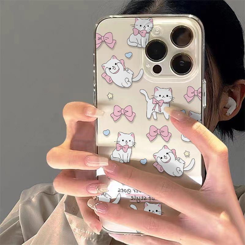 Pink bow cat is suitable for Apple 13 15promax mobile phone case cartoon 16pro fine hole soft case 7plus.
