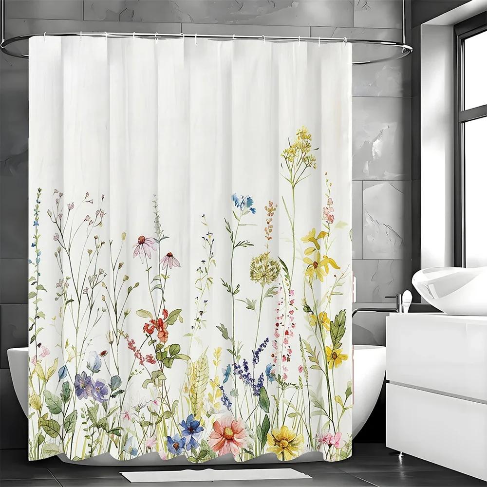 Spring Pink Floral Shower Curtain, Colorful Wildflower Botanical Herb Bathroom Decorative Shower Curtain, Waterproof Shower Curt