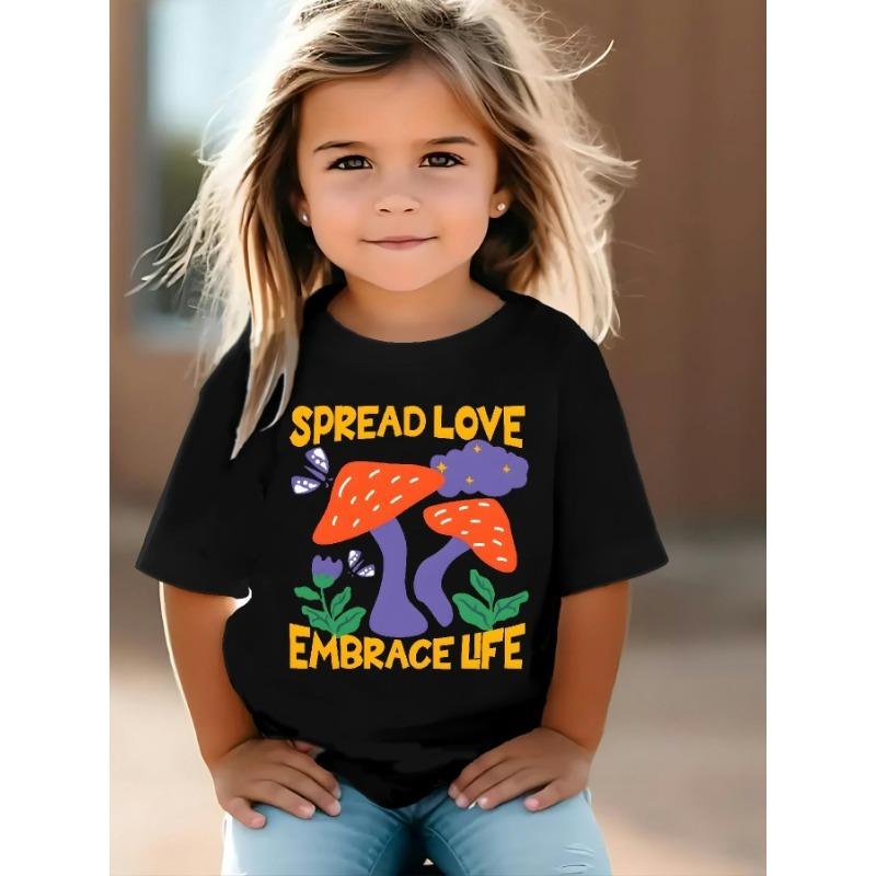 

European Size Girls Round Neck Short Sleeved T Shirt with Mushroom and Flower Pattern Print 98cm чёрный