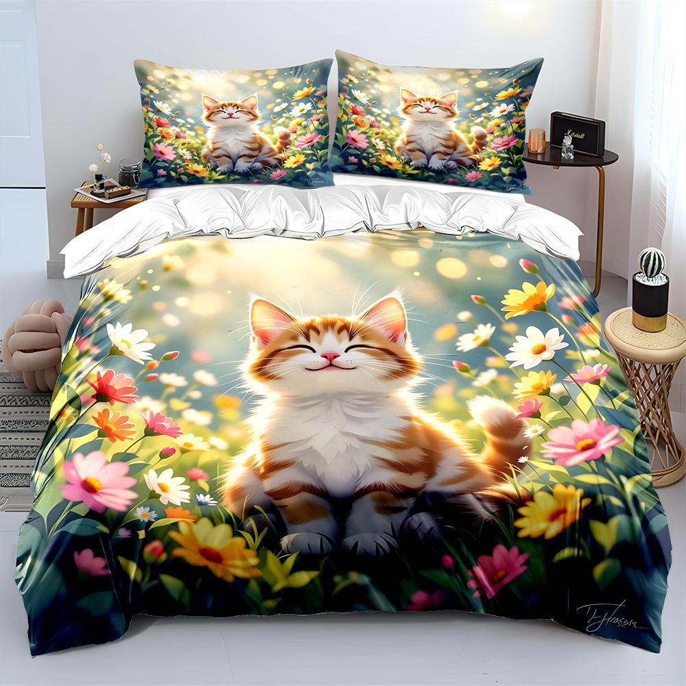 Smiling Kitten In A Bright Flower Field Print Soft Comfortable Duvet Cover Bedding Set Included 1*Duvet Cover  2*Pillowcases