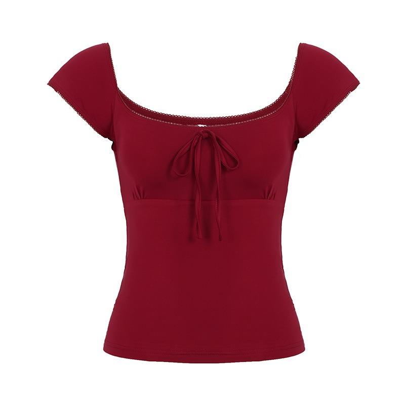 Women Red Square Neck Lace Trim Bow Detail Short Sleeve Slim Fit Casual Blouse