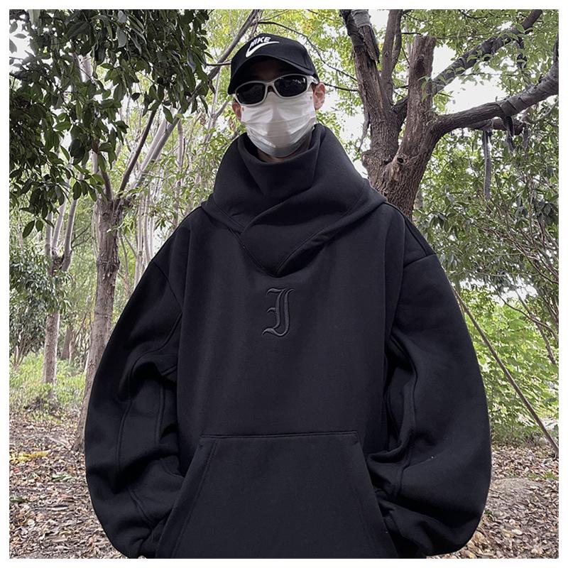Men's High-Neck Embroidered Hoodie: Socially Anxious Ninja Style for Autumn/Winter
