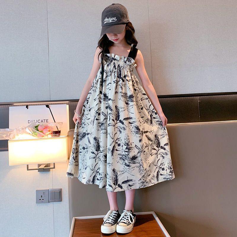 Girls Dress Kids Sleeveless Vintage Ink Painting Princess Casual Party Wear