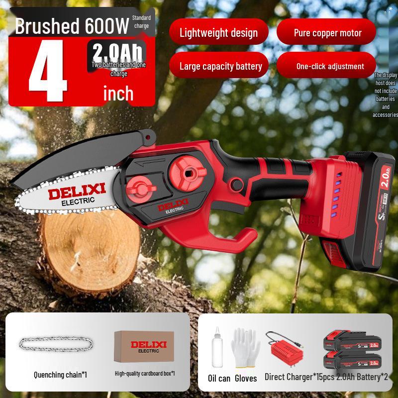 Delixi Rechargeable Brushless Electric Chainsaw with Lithium Battery - Handheld Garden Pruning and Felling Tool for Fruit Trees.