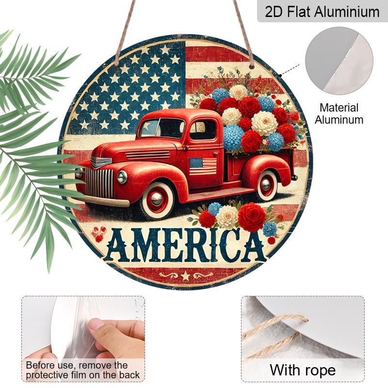Płaski 2D, 1 szt. okrągły aluminiowy znak 7,87*7,87 cala, "America" Patriotyczny Winylowy Design Ciężarówki, Metalowa Sztuka Ścienna z Kwiatową Czerwoną Ciężarówką i Flagą USA, Idealny do Domu