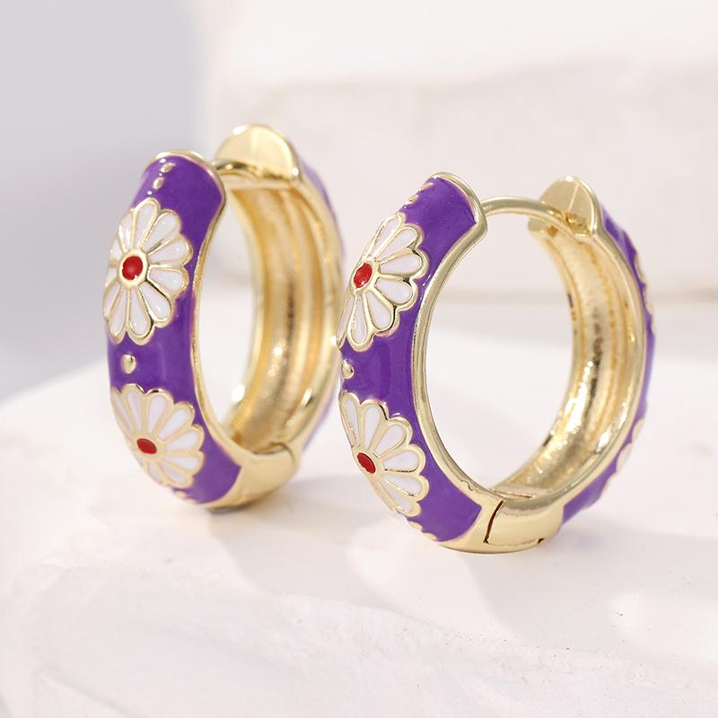 Vintage Enamel Flowers Pattern Golden Plated Hoop Earrings for Women Exquisite Vocation Jewelry Accessories Perfect Crafts Gifts