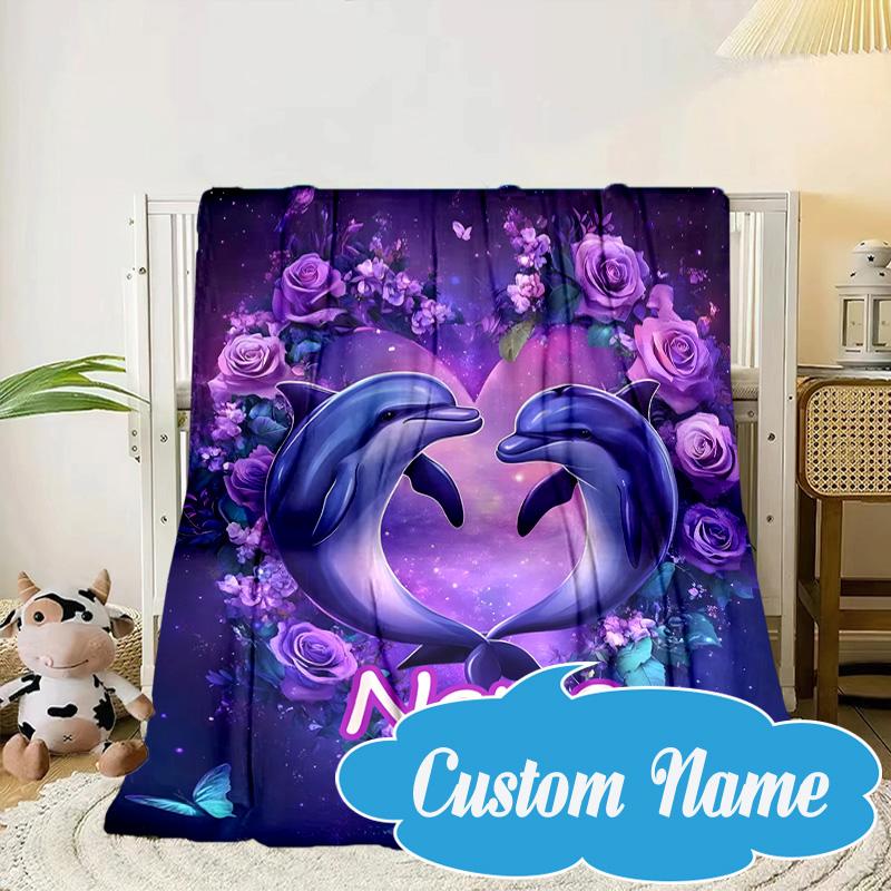 Custom Name Dolphins Starry Night Blanket bed sofa Blanket Flannel Blanket for Camping, Hiking, Picnic Essentials,gift for Fan family