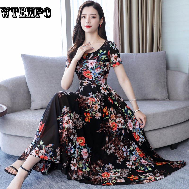 WTEMPO Large Size Dress Long Skirt Female Summer Fashion Fashion Over the Knee Was Thin
