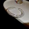 Sparkling Rhinestones Threaded Round Open Bangle Bracelet Adjustable Metal Wrist Jewelry Gift For Women Lady
