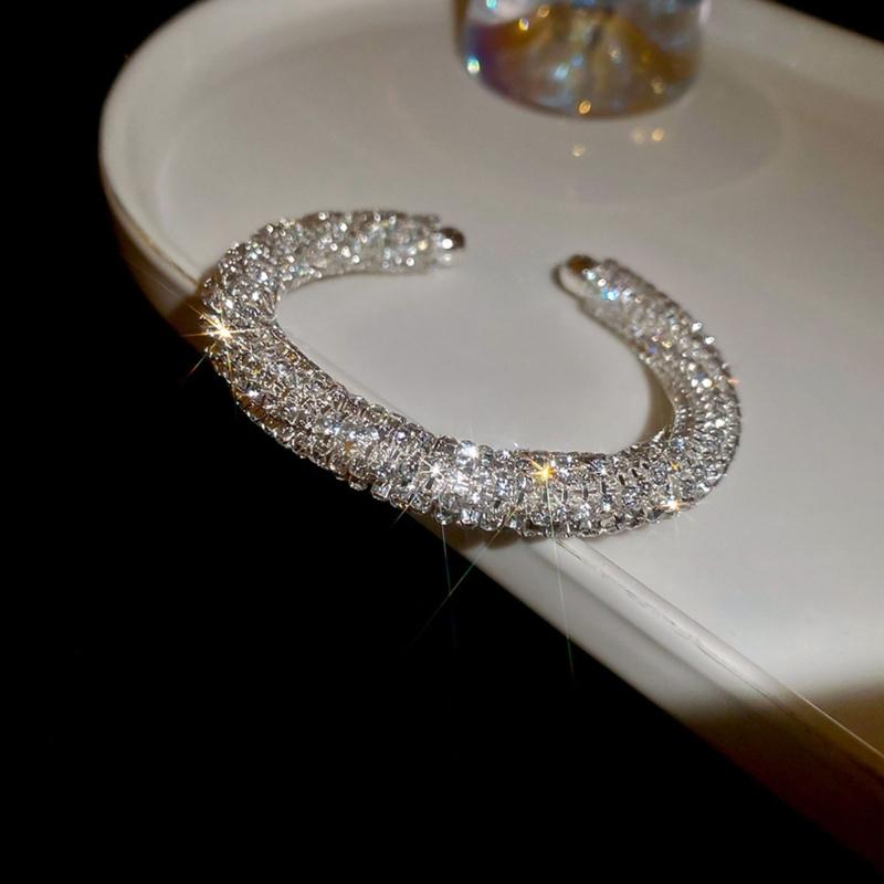 Sparkling Rhinestones Threaded Round Open Bangle Bracelet Adjustable Metal Wrist Jewelry Gift For Women Lady