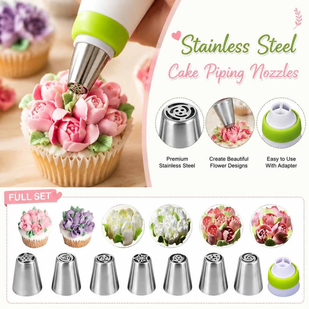 Stainless Steel Cake Decorating Nozzles 8 Piece Set Includes Various Piping Tips with Coupler for Baking and Cake Decorating Tools