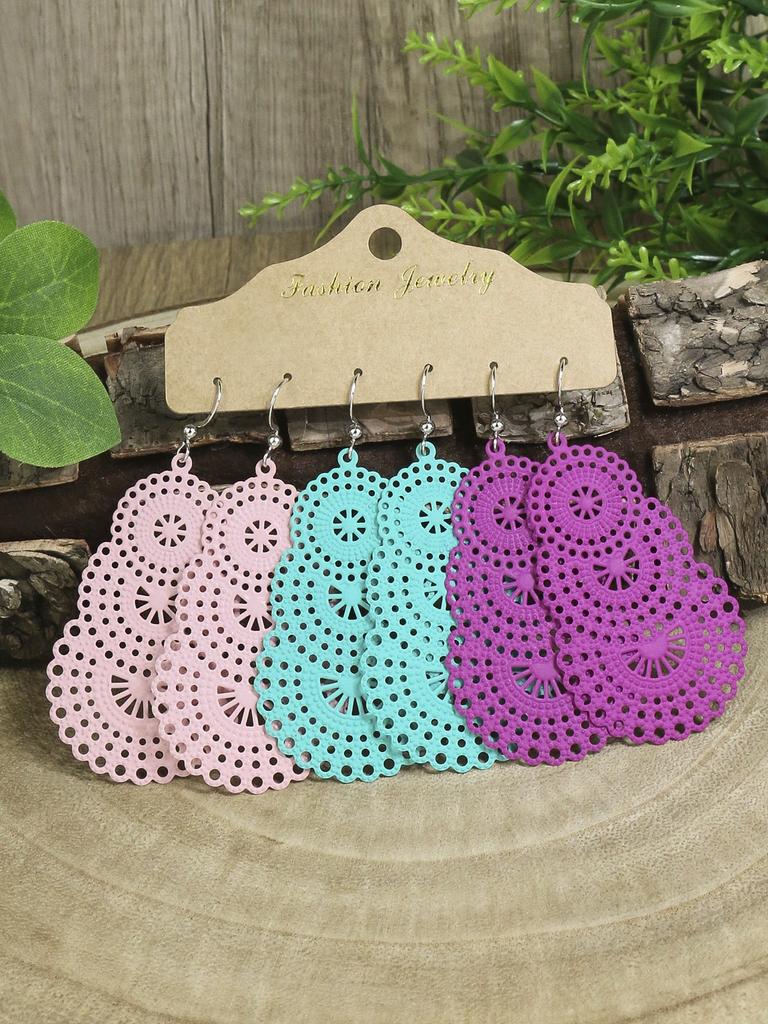 3 Paare Bunte Geometrische Hohle Hängeohrringe Für Damen Böhmischer Urlaub Zirkone Dating Geschenk