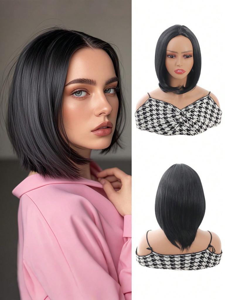Short Bob Wig Synthetic Black Straight Bob Wigs 14 Inch Bowl Cut Wig Heat Resistant Fiber Synthetic Shoulder Length Bob Wigs For Women Daily