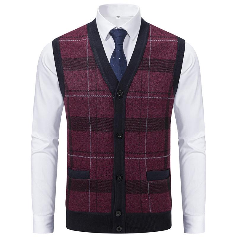 Herren Strickweste Lässig Ärmellos Strickjacken Herren Karomuster V-Ausschnitt Cardigans Herren Kleidung Gestrickte Weste