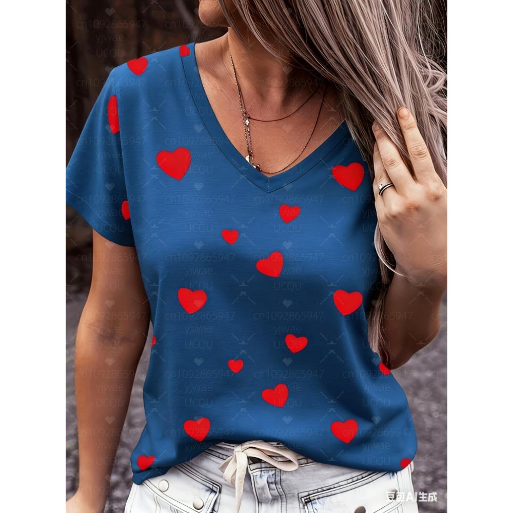 Donna San Valentino Stampa Cuore Rosso Scollo a V Manica Corta T-Shirt Maglietta Maglie da Baseball Righe donna T-shirt Sportiva Oversize