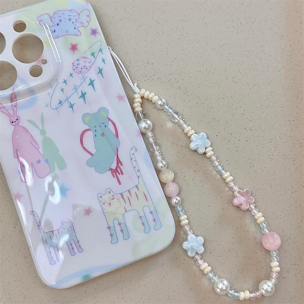 Spring Sweet Ceramics Flower Beaded Phone Strap Charm Chain For iPhone Lanyard Keychain Woman Girl Bag Camera Pendant Hanging