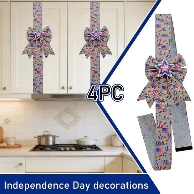 

Set of 4 Decorative Bows with Star and Flag Print Adjustable Fabric Ribbon for Indoor Outdoor Use One Size
