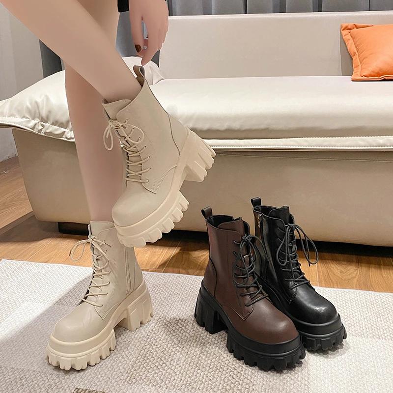 Módní šněrovací dámské kotníkové boty s vysokou platformou 2024 zimní boty na motorku se silnou podrážkou 9,5 cm podpatky robustní kožené tenisky dámské boty
