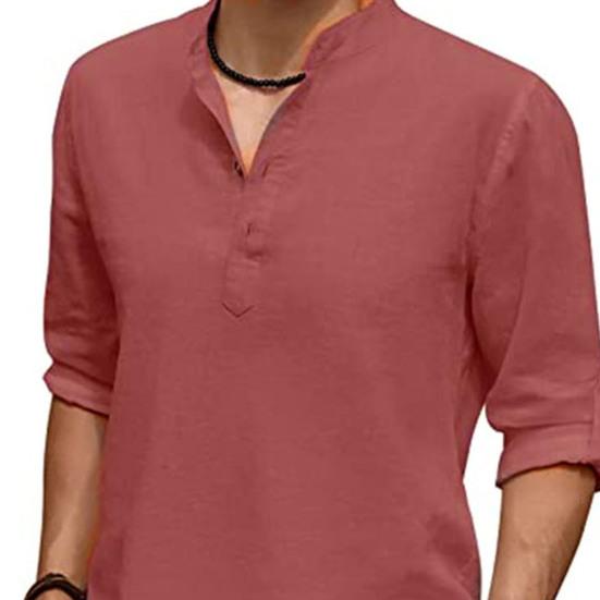 Men Shirt Solid Color Adjustable Sleeve Pullover Stand Collar Long Sleeve Summer Top Daily Garment