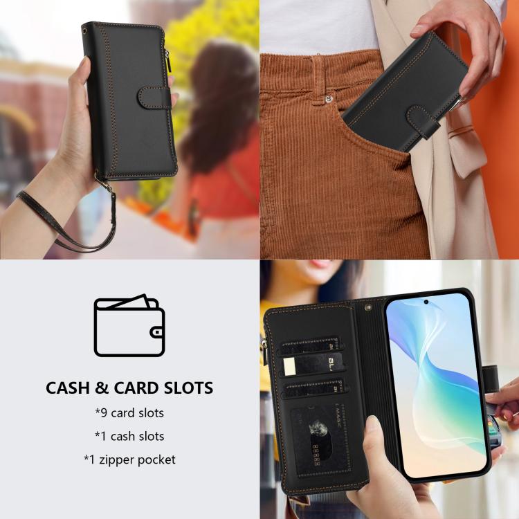 Phonecase for Ulefone Note 17 Pro Magnetic Closure 9 Card Slots Zipper Leather Case with Hand Strap