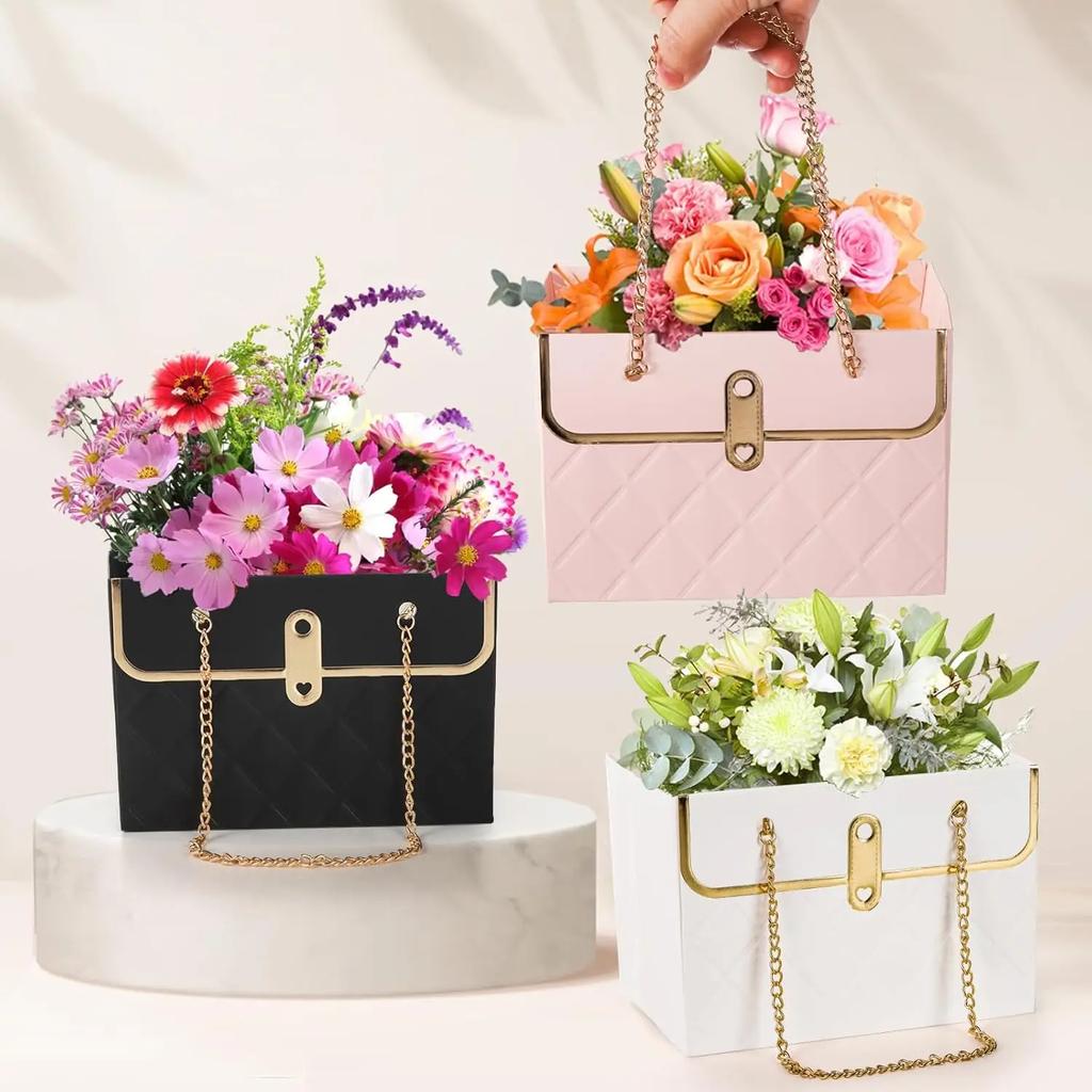 Flower Bags for Bouquets Small Flower Boxes for Arrangements with Metal Chain Cute Purse Paper Gift Box Floral Packing Tote Bags