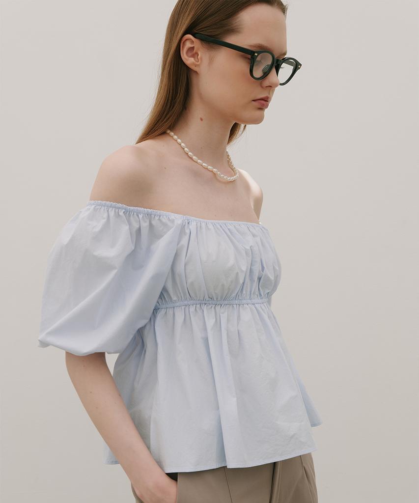 320SHOWROOM Two-Way Off-Shoulder Puff Blouse Sky Blue