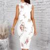 Women Plus Size Crew Neck Sleeveless Midi Dress White Base Vintage Pink Floral Print Bodycon Dress