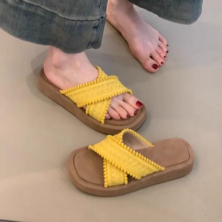 Keep Version~ Retro Vacation Style Woven Cross-strap Thick-bottomed Cool Slippers Women's Gentle Outer Bohemian Slippers
