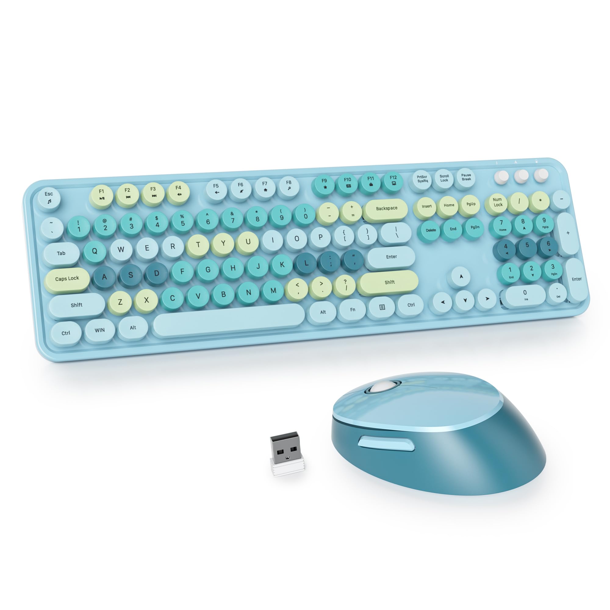 

Blue Wireless Keyboard and 104 Keys Full Size Cute Colorful Keyboard with Number Retro Typewriter Round Keycaps for Windows PC US Layout Blue Mouse,