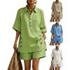 Cotton Linen Set for Women Button Short Sleeve Shirt And Wide Leg Shorts 2 Piece Outfit Summer Casual Beach Lounge Sets