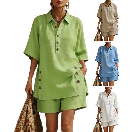 Cotton Linen Set for Women Button Short Sleeve Shirt And Wide Leg Shorts 2 Piece Outfit Summer Casual Beach Lounge Sets