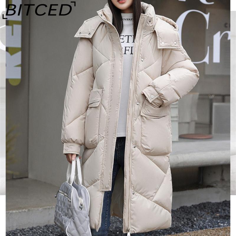 BITCED Thickened Puffer Jacket Down-Filled Cotton Coat Women's Loose-Fit Winter Coat Mid-Length Knee-Length Cotton Jacket