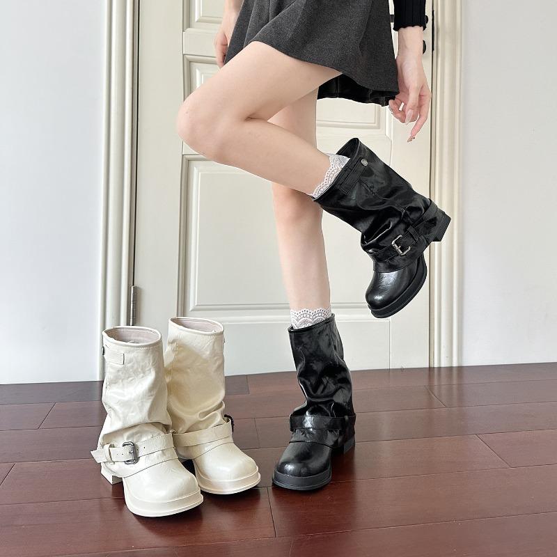 White Retro Fashionable Trouser Tube Boots Round Head Belt Buckle Thick Heel Pile Short Boots Fried Street Versatile Martin Boots Women