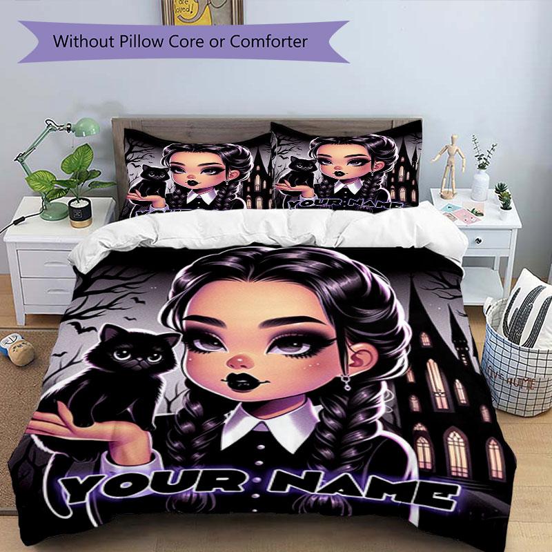 3PC Custom Name Gothic Cat Girl Artwork Bedding Set Printed Bedding Set Duvet Cover Closure Includes 1 Duvet Cover & 58 Pillowcases for Bedroom