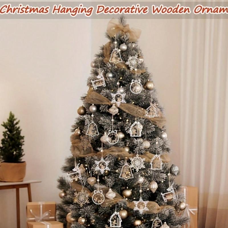 12pcs 1 Set Rural Style Wooden Christmas Tree Decoration Set Carved Christmas Decoration, Suitable for Farmhouse Holidays