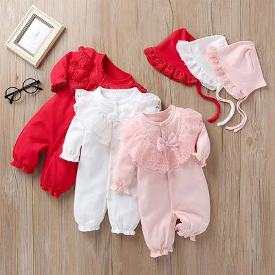 Neugeborenen Baby Mädchen Solide Rüschen Spitze Strampler Overall + Hut Outfits Sets