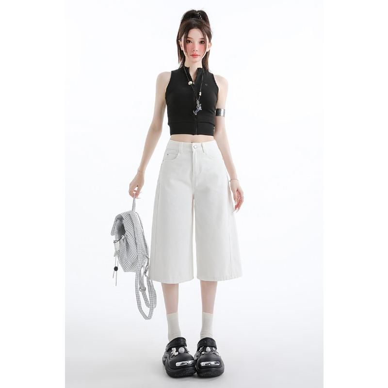 High Quality Retro High Waist Flared Denim Shorts Women Summer Loose Casual Wide Leg Cropped Pants