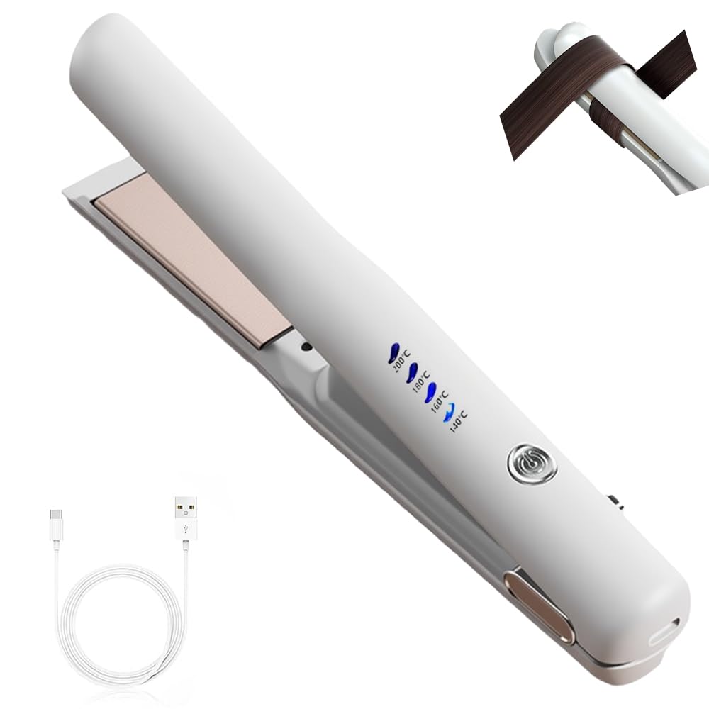 

Cordless Hair Iron with Curling Straightening 4 Temperature 30s Fast Automatic Power Activation Rechargeable Hair for Business and Travel & Plates, білий