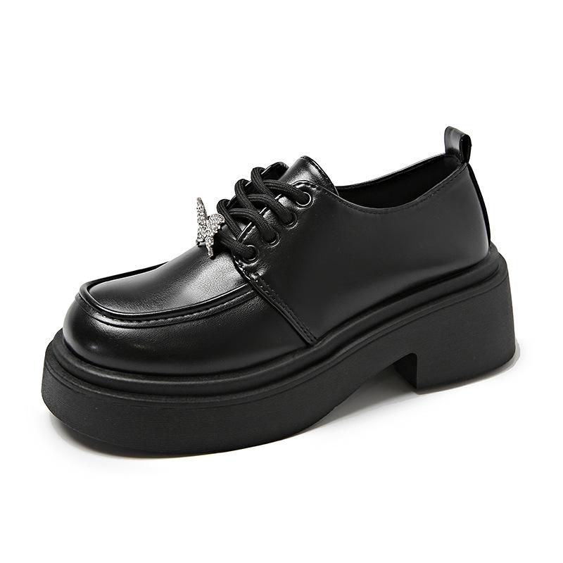 Black Small Leather Shoes Women's 2025 New Spring and Autumn Patent Leather Butterfly Diamond College Wind Lace-up Thick-soled Deep-mouth Single Shoe